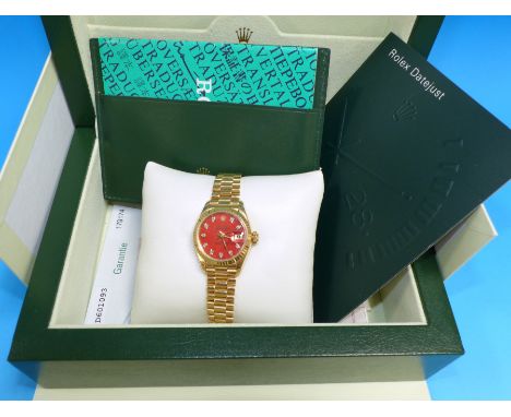 A ladies Rolex 18 carat gold Oyster Perpetual Datejust watch, circa 1989, rose coloured dial with diamond hour markers and da