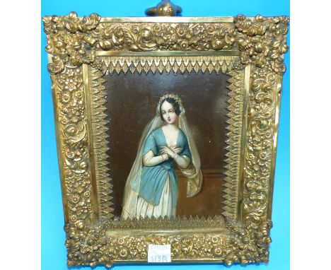 A 19th century continental miniature three quarter length portrait of a young woman in bridal attire, 5" x 4", gilt brass fra