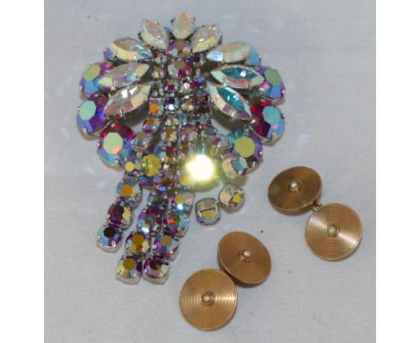An Art Deco continental yellow metal brooch set square cut stones; a pair of 9 carat gold cufflinks