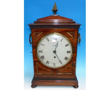 A Regency period rosewood bracket clock by W Mayo, Manchester, with brass finial on stepped conical base, the case having bra