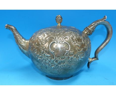 A Victorian circular silver teapot with all over acanthus embossed decoration, Edinburgh 1844, 21 oz.