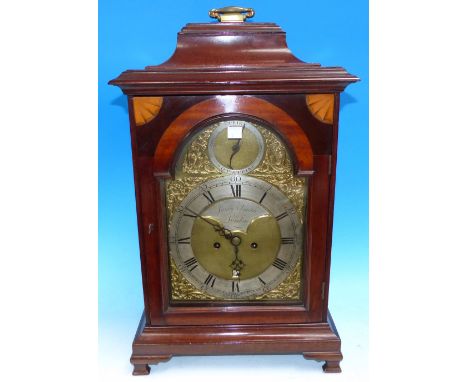 A late 18th century mahogany bracket clock by James Smith of London with caddy top and brass carrying handle, Sheraton style 