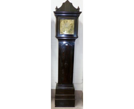 An 18th century longcase clock, the case with later additions, the square hood with pagoda top, three quarter turned side pil