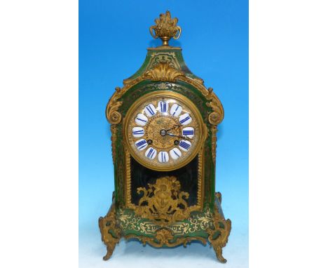 A mid-19th century French green boulle and ormolu cased mantel clock in the Louis XV manner, the pyramid pediment surmounted 