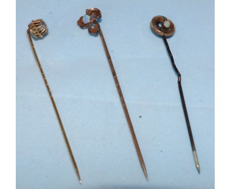 A 19th century 14 carat gold stock pin set diamond; 2 metal pins each set opal cabochon