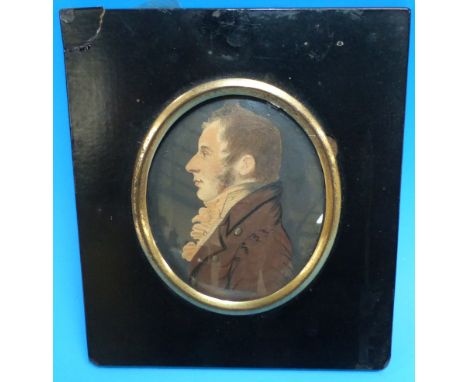 A 19th century miniature portrait on paper of a gentleman, ebonised frame with gilt mount, 5 x 4¼ in overall