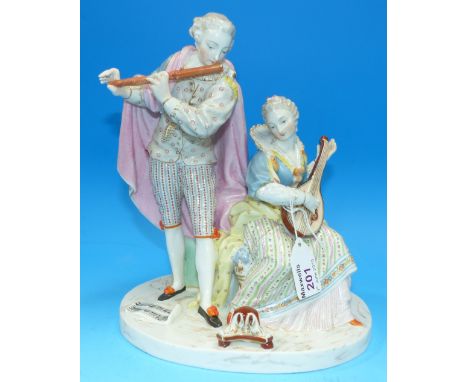 A 19th century Meissen figure group depicting male and female musicians on oval plinth, cross sword mark, height 9" (lute res