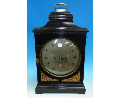 A late 18th century ebonised bracket clock by Joseph Dodds, London, the caddy top with brass carrying handle, the door with p