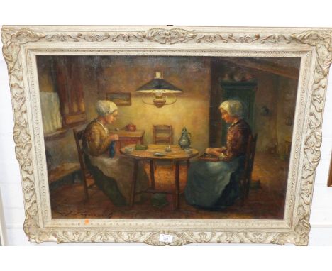 Johanna Gerarda Th. Van Eybergen:  oil on canvas, Dutch interior with 2 women embroidering by oil lamp, signed, 19 x 26½", fr