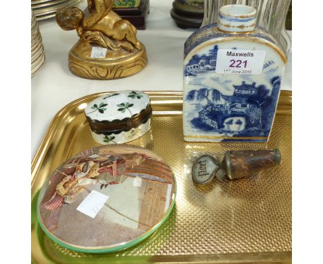 A 19th century Chinese porcelain tea bottle, 4¾"; a Pratt pot lid "The Enthusiast"; a porcelain patch box