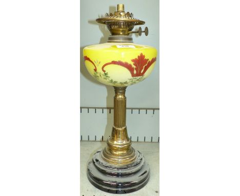 A painted yellow glass oil lamp converted to electricity (shade and funnel missing)