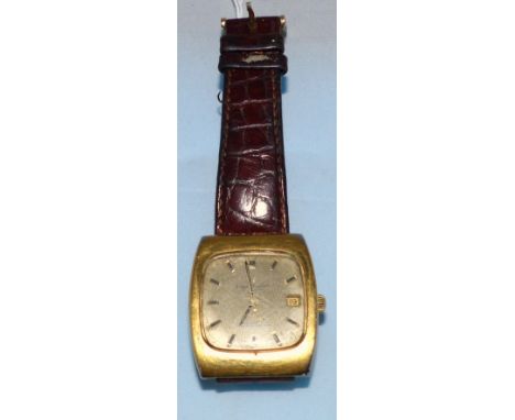 A gent's vintage Omega Constellation automatic chronometer in square gold plated case, with baton numerals and date aperture 