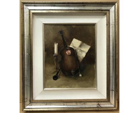 Professor Gigi (Luigi) Rocca. Italian. Oil on canvas. “Still Life with a Violin and Candle”. Signed lower right. Measures 25c