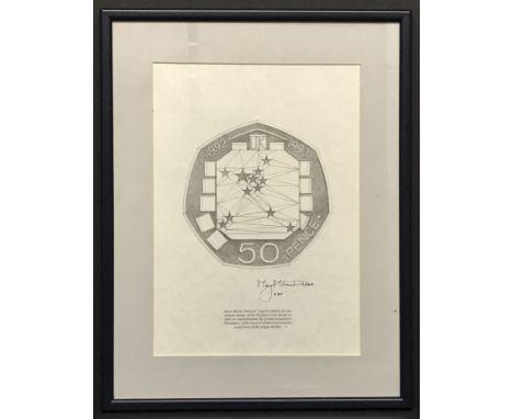 SIGNED PRINT OF FRAMED ORIGINAL SKETCH FOR REVERSE DESIGN OF THE FIFTY PENCE COIN