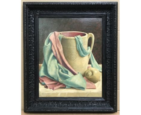 Arthur Harry Kidd 1931-2003. English. Oil on board. “Still Life of a Bowl and Fruit”. Signed lower left. Measures 31cm x 39cm