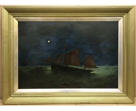 George Vemply Burwood 1844-1917. English. “Portrait of the Fishing Boat LT315 at Night” Signed and dated. Measures 56cm x 82c