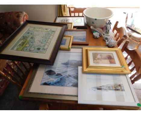 Blacksmith's Cottage:An oak framed map of Cornwall, a large wash basin a/f & other sundries