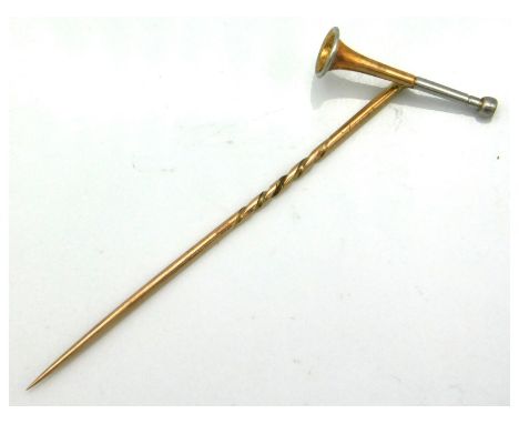 An antique bi-colour hunting horn tiepin with original box, tests electronically as at least 14ct gold, 56mm long, 1.6g
