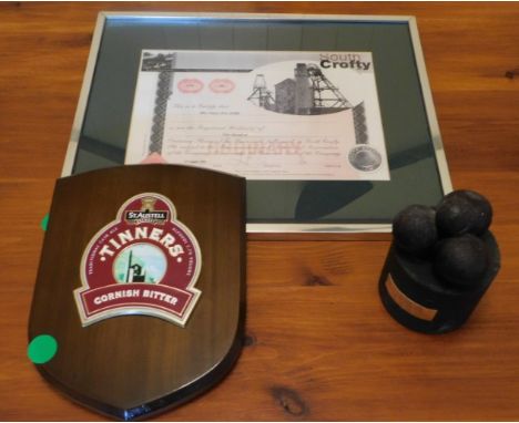 Tinner's Cottage: A South Crofty share certificate, a Tinners Ale plaque & a model of mounted tin grinding balls