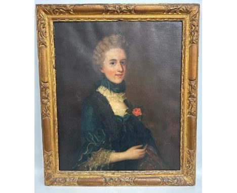 Tremaine Manor House: A 19thC. oil portrait of woman, indistinctly titled 'Sitter Bentick or Clough', image size 29in x 24in