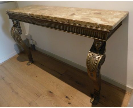 Tremaine Manor House: A French style reproduction giltwood console table with marble top & Nefertiti decor to supports, 48in 