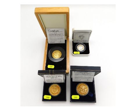A cased 22ct gold plated commemorative silver crown set with diamond & sapphire twinned with two cased commemorative 22ct gol
