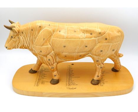 A Goebel butchers store porcelain steer showing meat cuts with original plinth, 14.75in wide x 7.75in tall