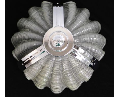 A 1930's art deco oyster style glass & chrome ceiling lamp shade with original fittings, 13.75in wide