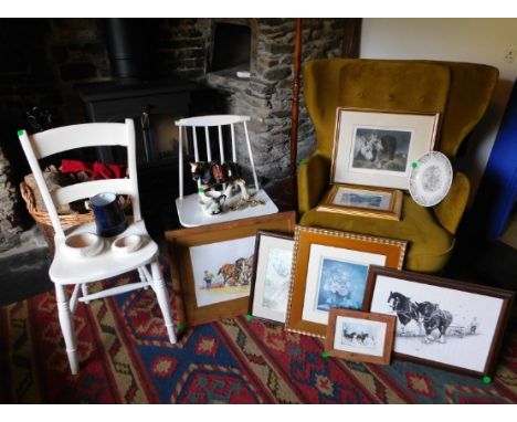 Ploughman's Cottage: A painted elm farmhouse chair, one painted Ercol style chair, a selection of prints, Poole pottery & oth