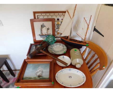 Mariner's Cottage: An oil painting of sail ship at sea, a model of a sail boat & other sundries