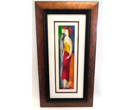 Linda le Kinff framed limited edition serigraph print 88/95, 'couple with cat', signed in pencil, 30.5in x 15.75in inclusive 