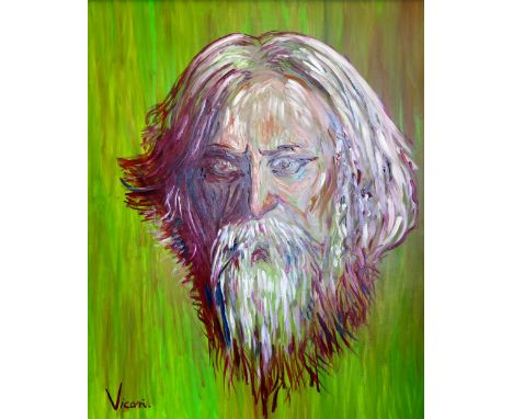 ANDREW VICARI - Rabindranath TagorebrDESCRIPTION: Portrait; Signed Vicari (lower left); Hulie sur toile (Oil on canvas); Fram