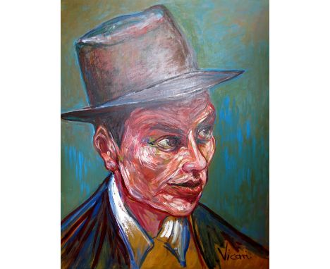 ANDREW VICARI - Frank SinatraDESCRIPTION: Portrait; Signed Vicari (lower right); Huile sur toile (Oil on canvas); Unframed; C