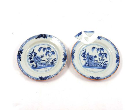 Two Chinese export blue and white saucers, painted decoration, 16.5cm, one damaged.