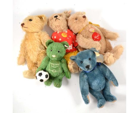 Steiff teddy bears, five including Music Teddy 1951, 1993 replica, 33cm; Teddybar 32 'Save the Children', 32cm; Steiff Club e