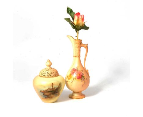 A Royal Worcester blush ivory pot pourri vase, painted with a scene of Douglas Head Lighthouse, 11cm; and a blush ivory ewer,