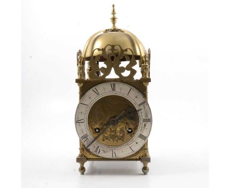 Brass lantern clock, 20th Century, bell top, above pierced and engraved panels, silvered chapter-ring with Roman numerals, 32