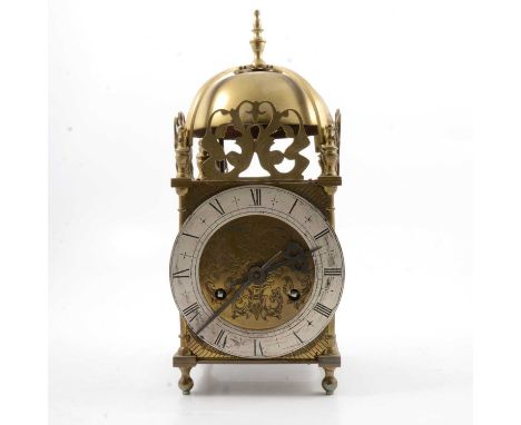 Brass lantern clock, 20th Century, bell top, above pierced and engraved panels, silvered chapter-ring with Roman numerals, 32