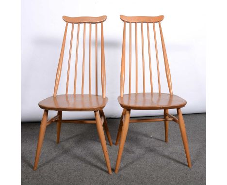 Pair of Ercol spindle-back dining chairs, elm seats, turned legs, width 43cm, height 98cm.