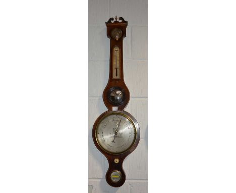 Mahogany five-dial barometer, signed J. Leone, Aylesbury, silvered dials, boxwood outlines, width 26cm, height 95cm.