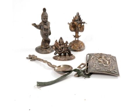 A white metal figurine of a Hindu deity, stamped 100, 9cm; another of a Hindu deity riding a lion, stamped 100, 4.5cm; a meta