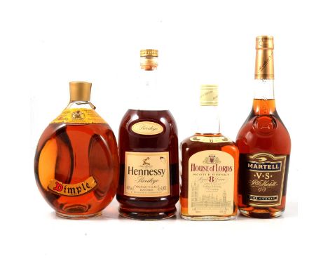 Two bottles of Whisky and two Cognac, Dimple, House of Lords, Martel and Hennessy.