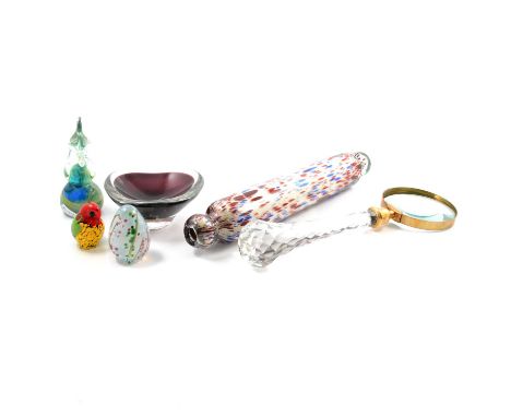 Mdina glass seahorse; Nailsea type rolling pin; Isle of Wight small glass paperweight; magnifying glass with crystal handle, 