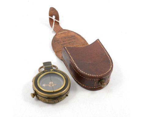 A WWI Officer's Verner's Pattern VIII brass marching compass, rear of case stamped No 127912 1918, in brown leather field cas