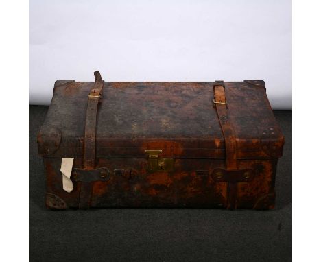Vintage leather trunk, initialled E.C., the interior with linen lined compartment tray, by Drew &amp; Sons, Piccadilly London