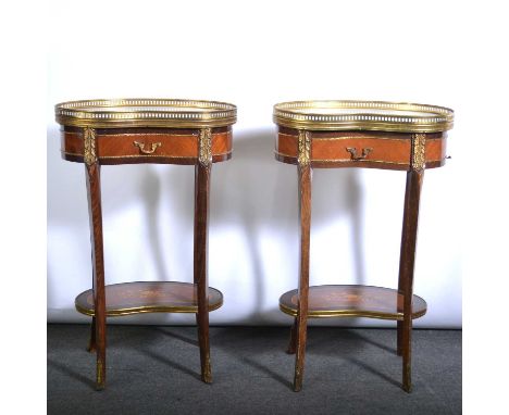 Pair of Louis Phillipe style kidney-shape table en chiffonier, with gilt metal appliques, simulated marble tops, with gallery