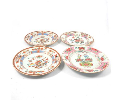 Pair of Chinese export porcelain plates, probably Jaiqing, floral decoration, with a blue ground cross-hatched band, diameter