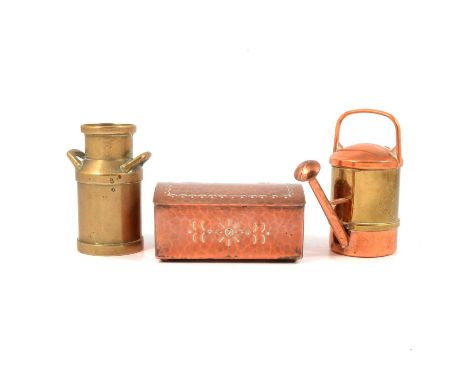 Miniature copper and brass trinket boxes; kettles; jugs; tankards; milk churn; bugle; watering can etc.