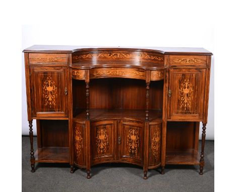 Late Victorian rosewood and marquetry chiffonier, inverted breakfront top with a moulded edge, with inlaid panels, and cupboa