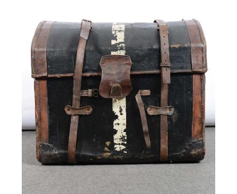 Canvas and leather bound travelling trunk, dome top, 69cm.